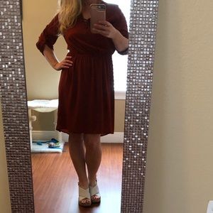 Rust brown elastic waist dress w/tie neck